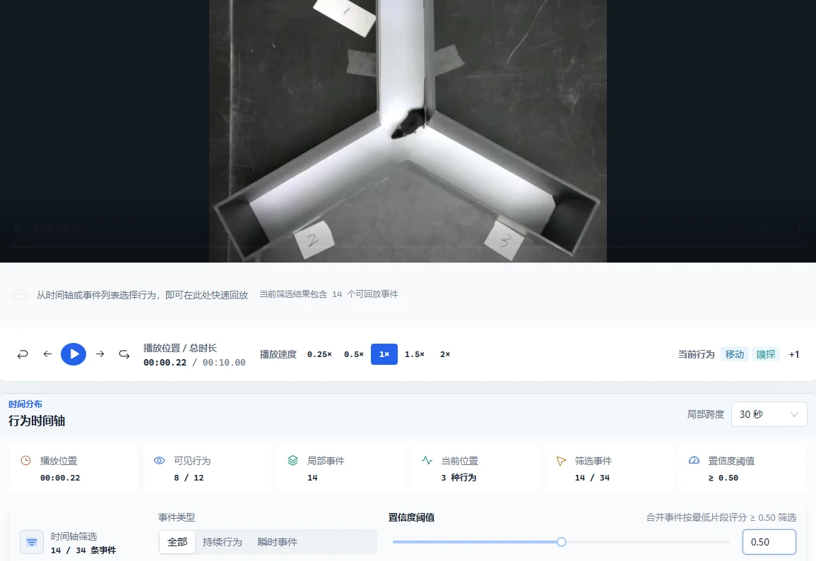 Behavior Analytics 实际软件工作区,包含 Y 迷宫视频、播放控制和行为时间轴