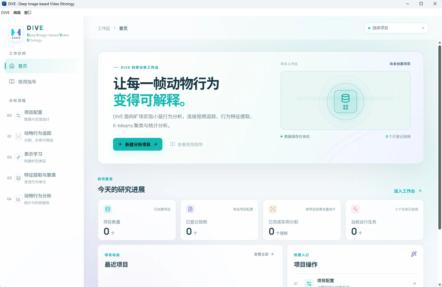 DIVE 说明书中的真实软件首页,展示项目入口和四阶段分析导航